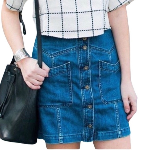 Free People Come A Little Closer Denim Skirt Front Button with Chevron Pockets - Picture 6 of 16